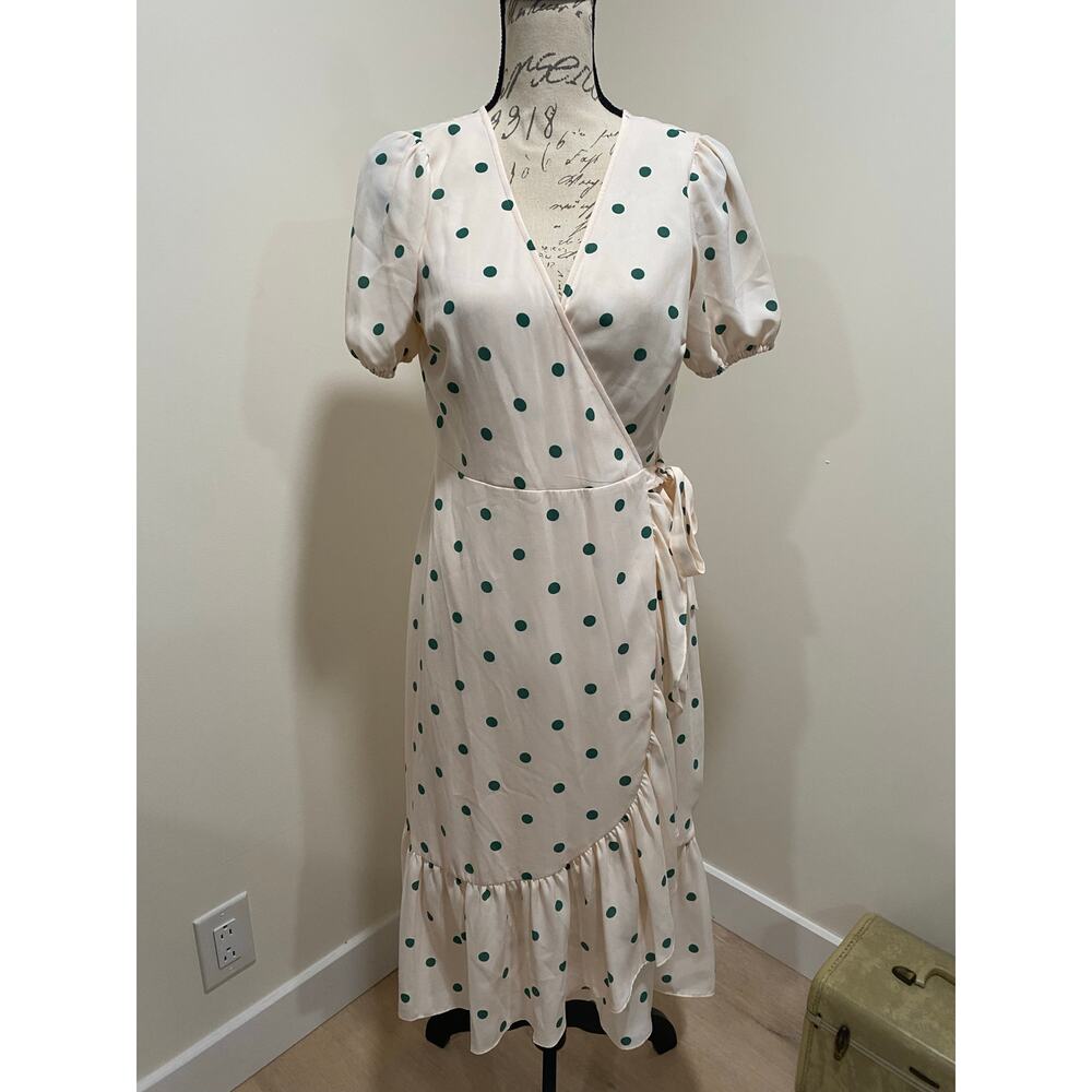 Lauren Conrad Cream & Green Polka Dot Wrap Dress Size Small